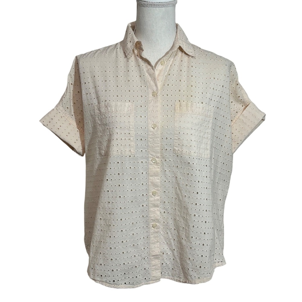 Madewell Womens Eyelet Cotton Short Sleeve Button Up Shirt Peach F0773 XS